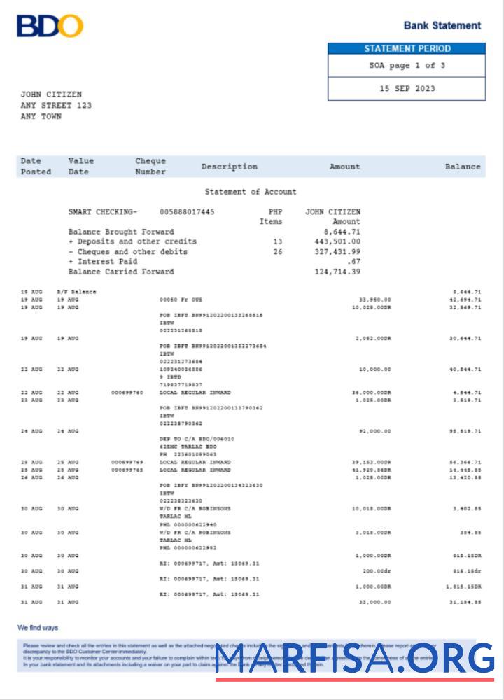 Realistic Philippines BDO bank statement bank statement word version 2 example